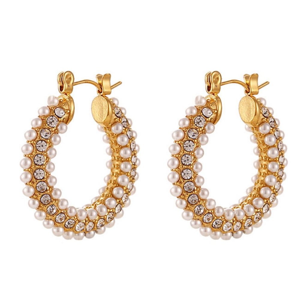 Zircon & Imitation Pearl Hoop Earrings 18K Gold Plated Stainless Steel - Picture 5 of 10